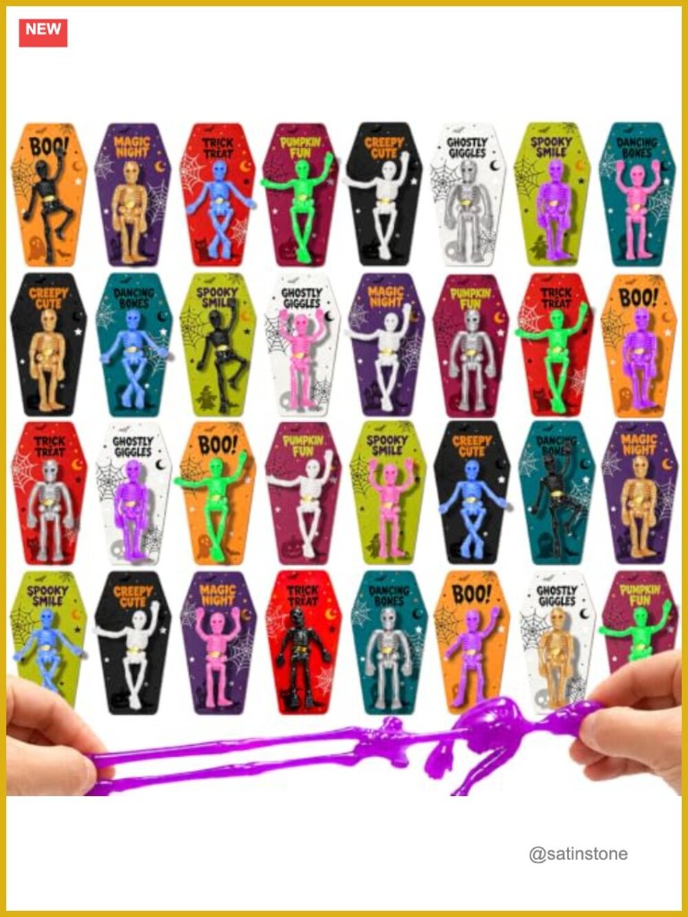 32 Pack Halloween Skeleton Party Favors for Kids - TPR Stretchy Toys & Cards